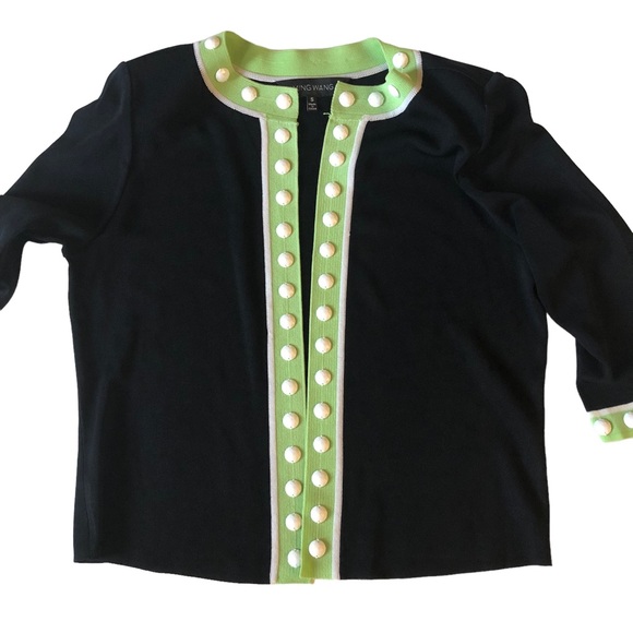 Ming Wang Black Knit Cardigan with Lime Green Trim and White Bead Accents - Picture 2 of 16